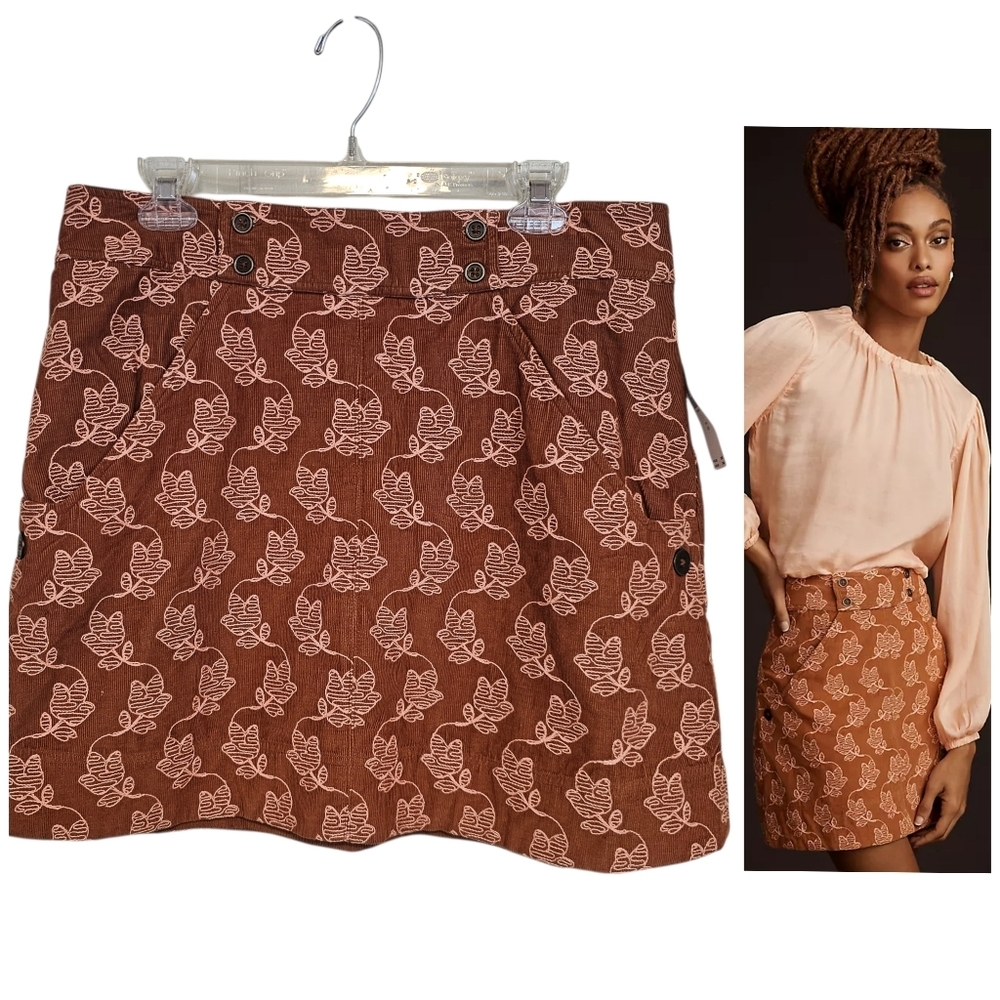 Maeve By Anthropologie Rust Floral Embroidered Print Corduroy Mini Skirt